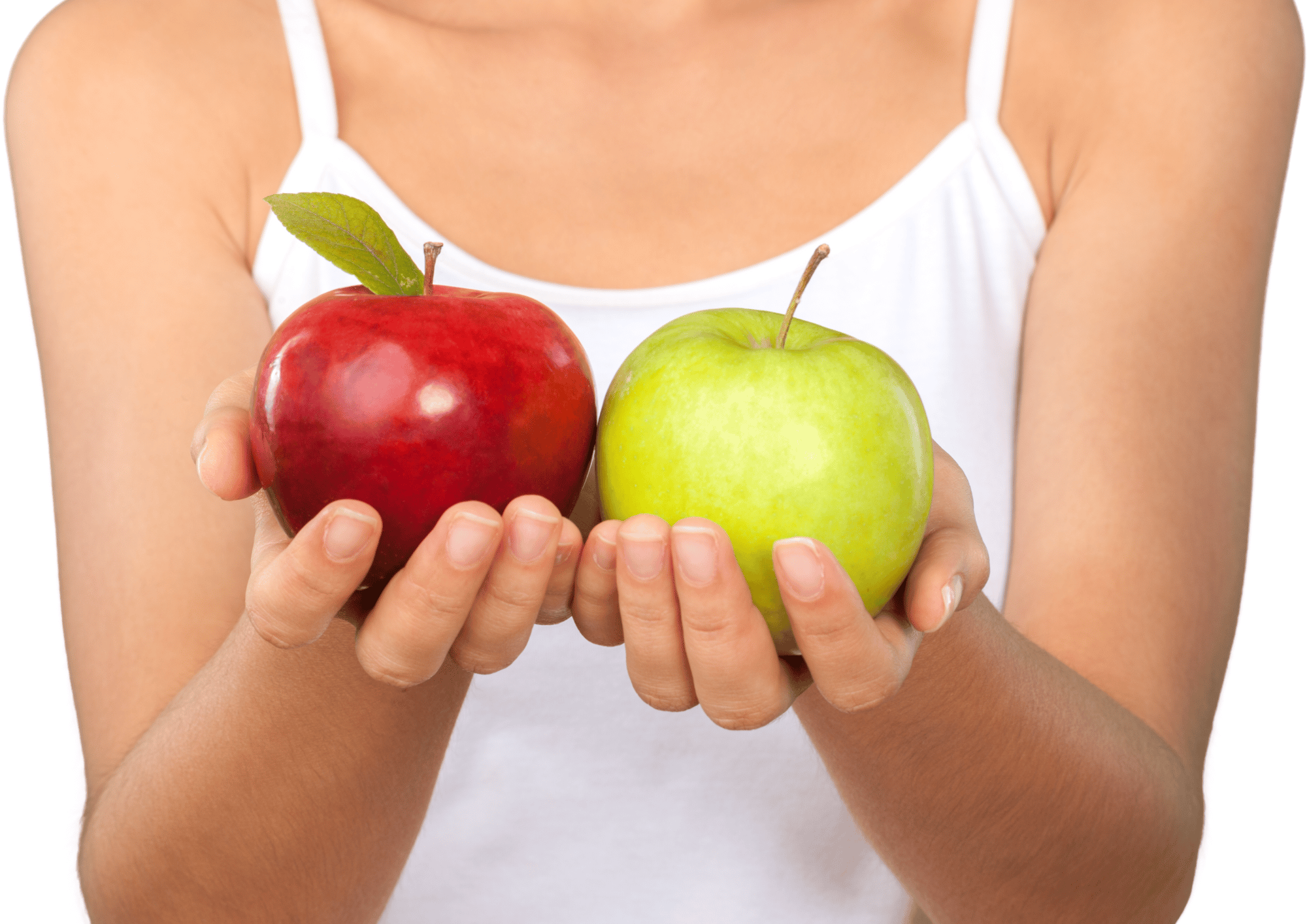 The comparison of red and green apples symbolizes the comparison of neurotoxins like Botox, Dysport, Jeuveau, and Xeomin