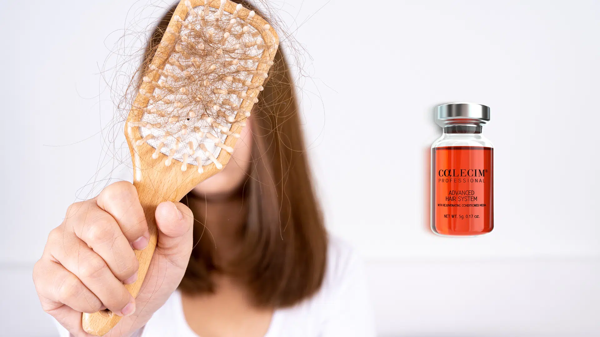 A woman shows her hair fallout after brushing; the Calecim Advanced Hair System to restore hair's health.