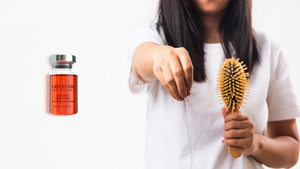 A woman dealing with hair shedding, which the Calecim hair serum can help treat.