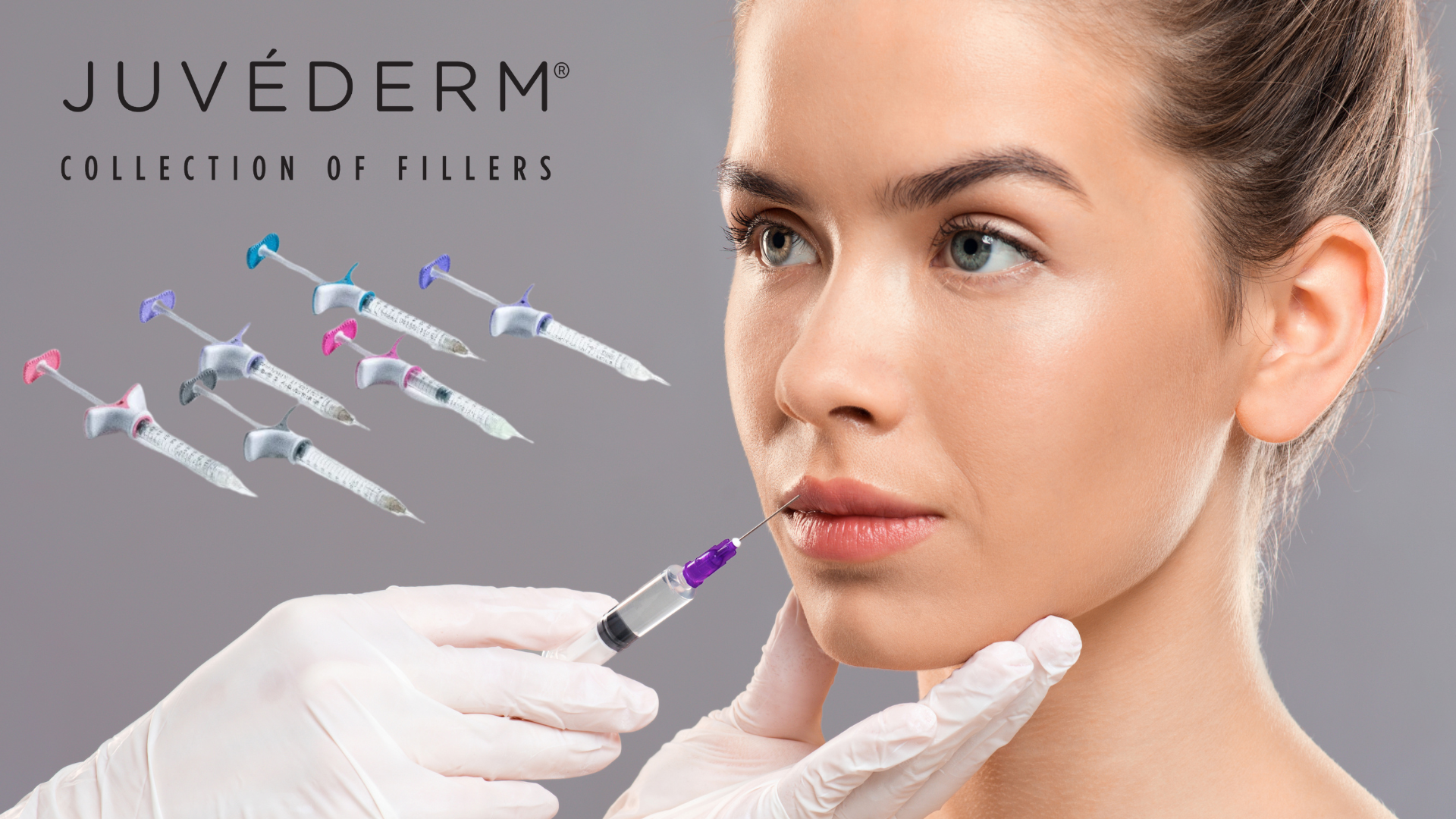 A practitioner injects a filler into the patient's lip; The Juvederm collection of fillers.