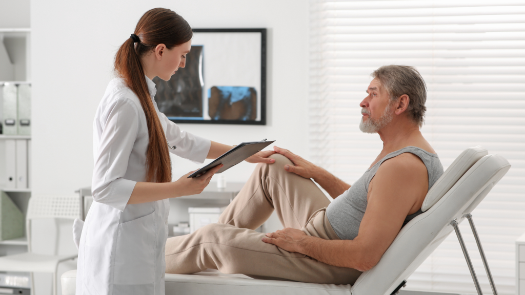 A patient consulting with a medical professional about their knee condition.