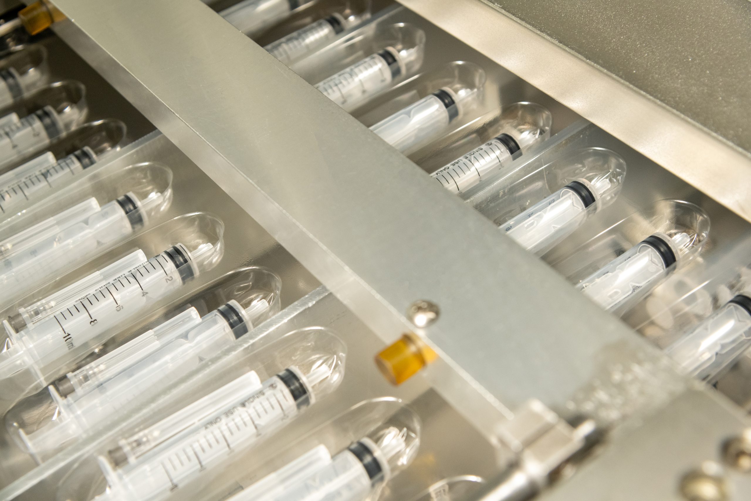 Close-up of medical syringes.