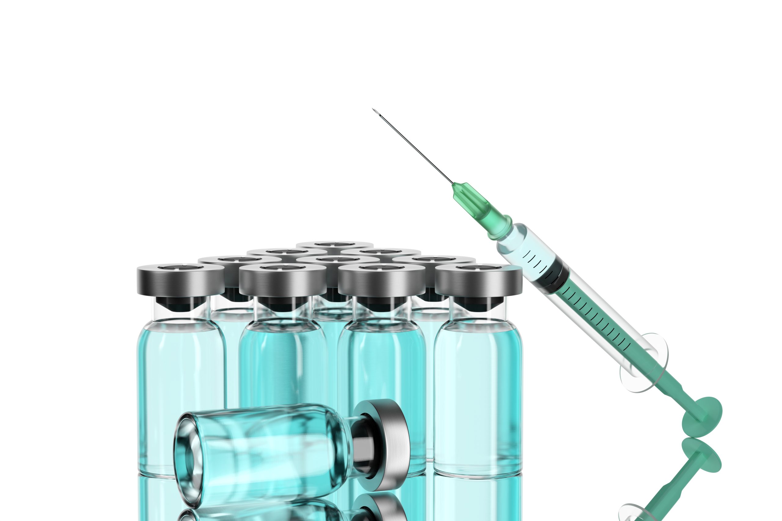 Solution vials and a medical syringe.