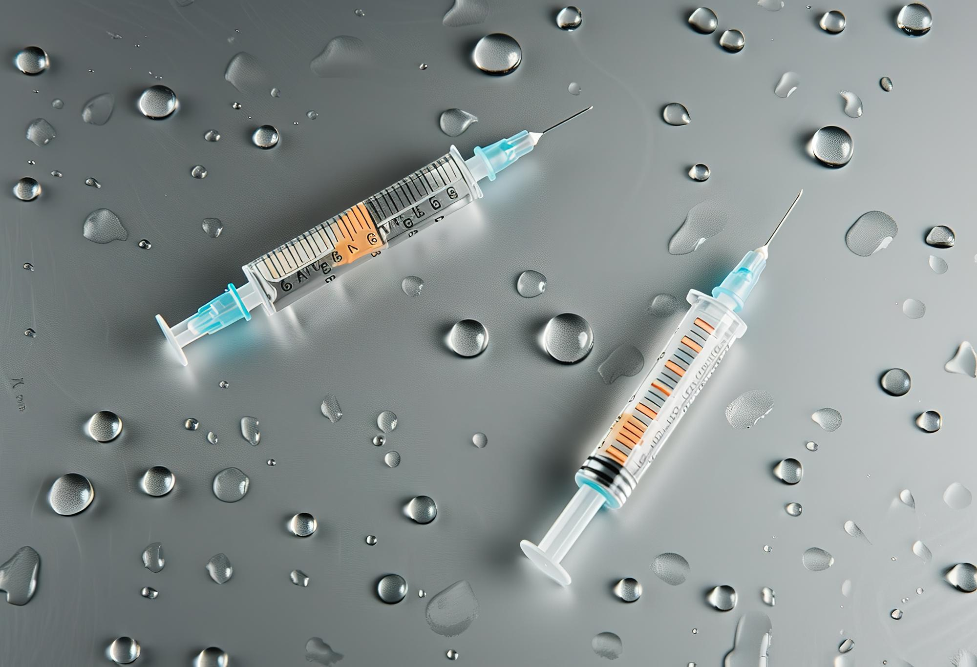 Two medical syringes laid on a silver surface.