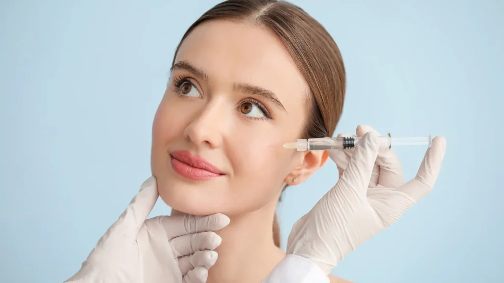 A healthcare provider administering a facial injection to a patient.