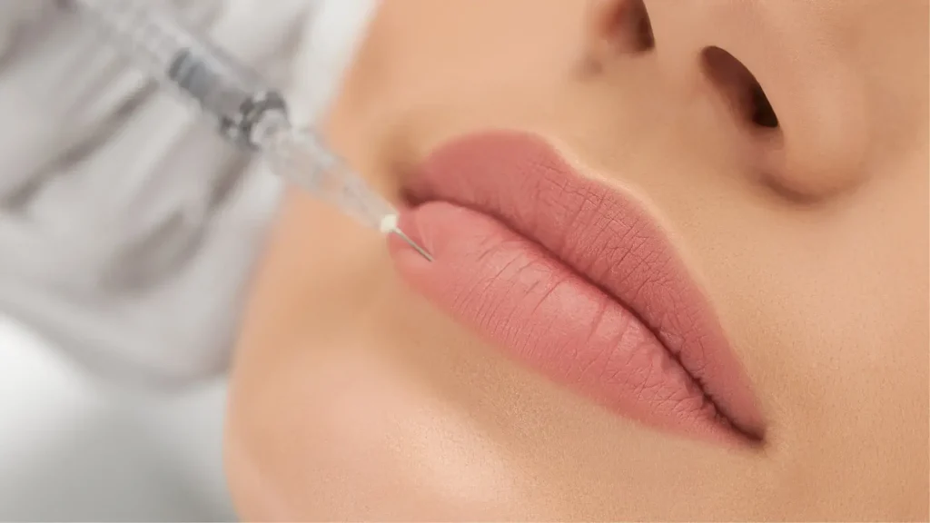 A healthcare provider administering a lip injection.