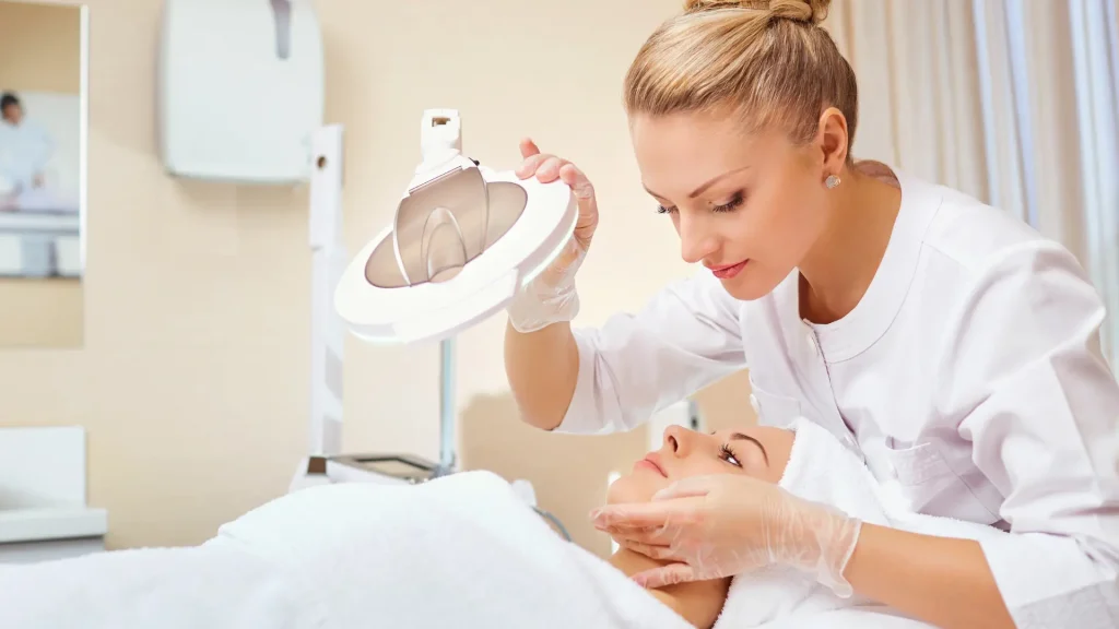 A skin expert examining the patient's skin concerns.