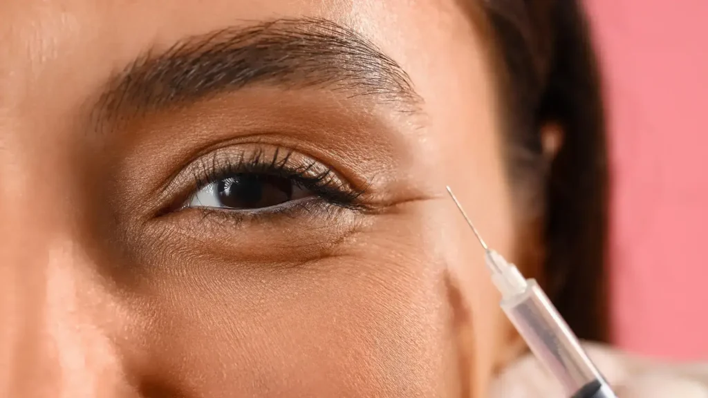 A medical professional administering an injection in the eye area.