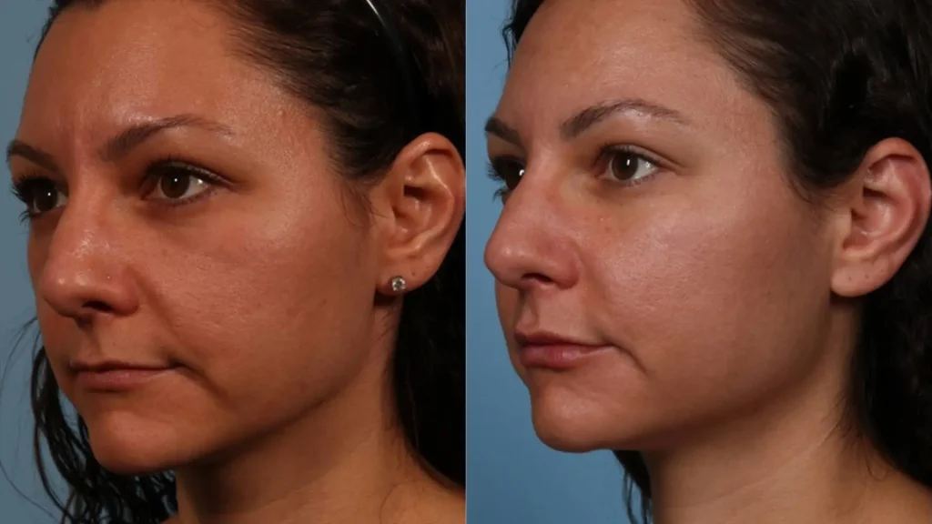 A patient's visible cheek enhancement after their treatment.