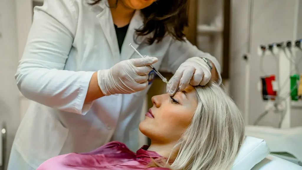 A medical professional administering an injection for glabella lines.