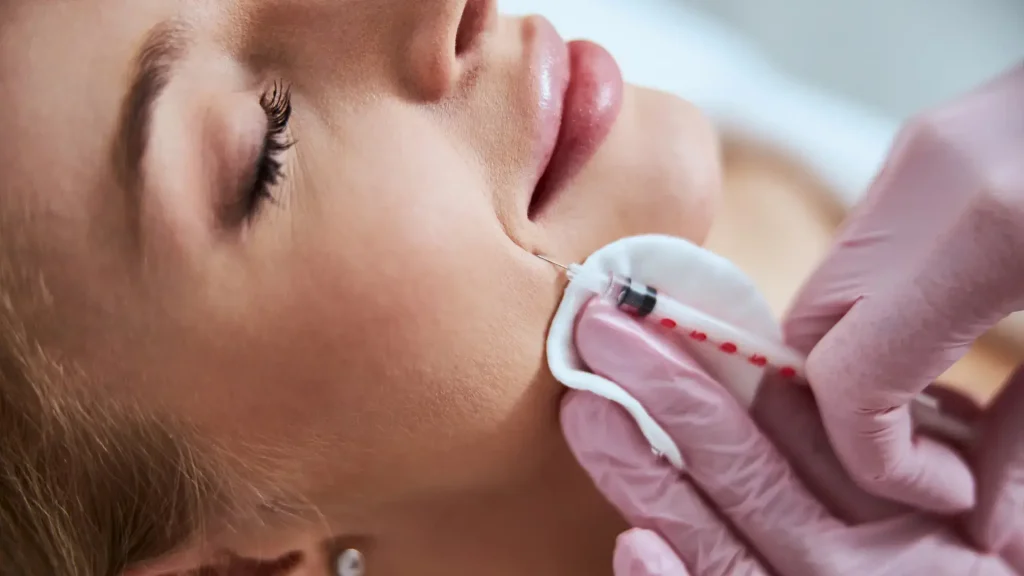 A patient undergoing a nasolabial fold injection.