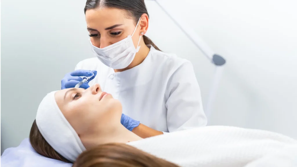 An aesthetic provider administering a facial injection into the patient's aging lines.