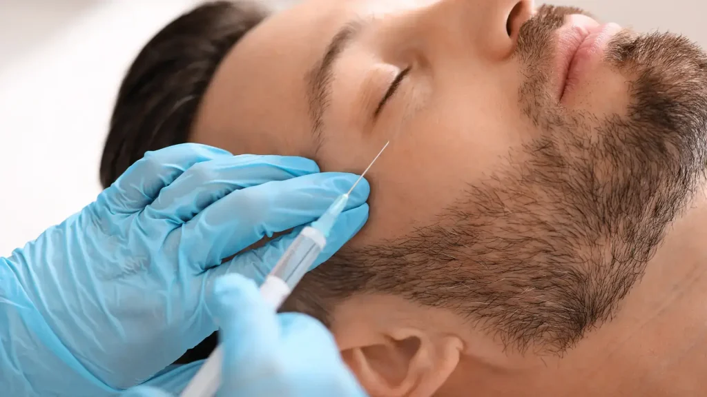 A patient receiving a facial injection treatment.