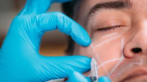 An aesthetic practitioner administering injection into a patient's cheek.