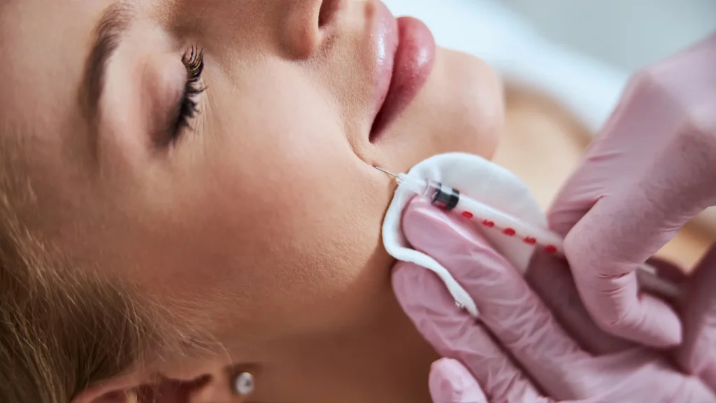 A medical professional administering a Sculptra for nasolabial folds injection.