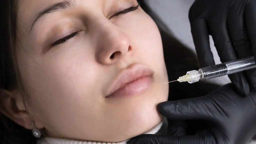 A medical professional administering a facial injection to a patient.