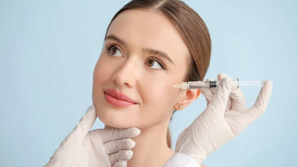 An individual receiving cheek injections from a licensed medical professional.